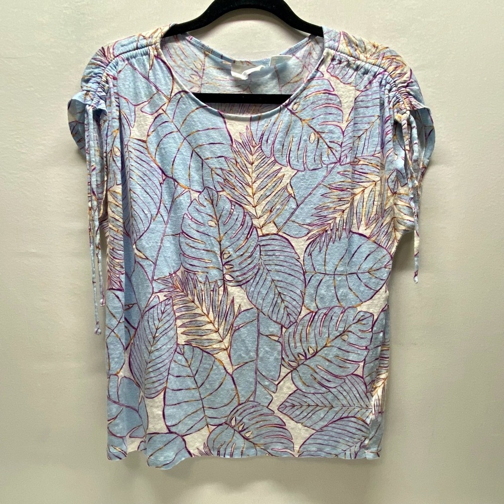 Cynthia Rowley Linen Blouse Women's Large Light Blue Tropical Boxy Cap Sleeve